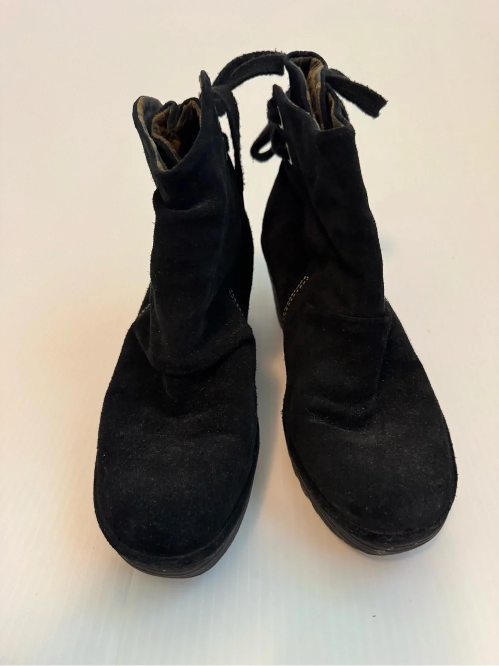 Fly London Black Suede Wedge Ankle Booties with Back Tie